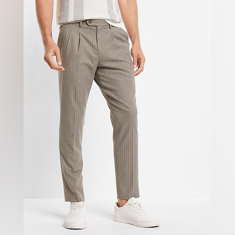 Express Slim Pleated Striped Flannel Hybrid Elastic Waist Cropped Suit Pant 36